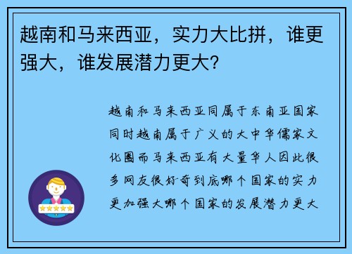 越南和马来西亚，实力大比拼，谁更强大，谁发展潜力更大？