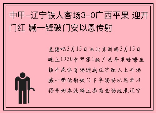 中甲-辽宁铁人客场3-0广西平果 迎开门红 臧一锋破门安以恩传射